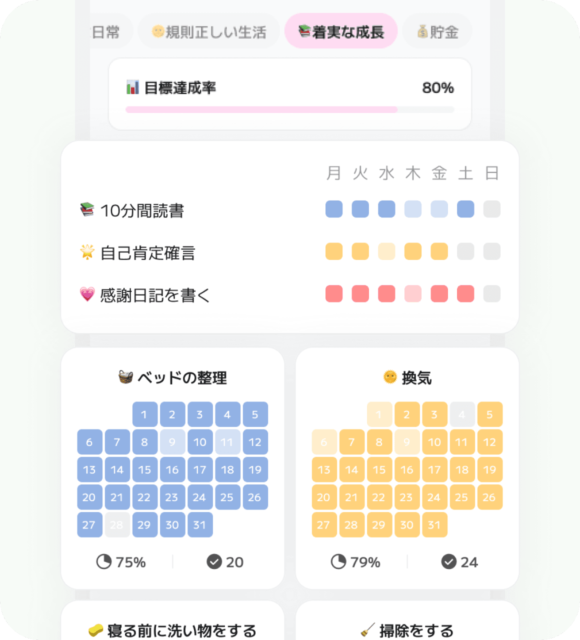 📊
続けた成果が見える
週間・月間統計